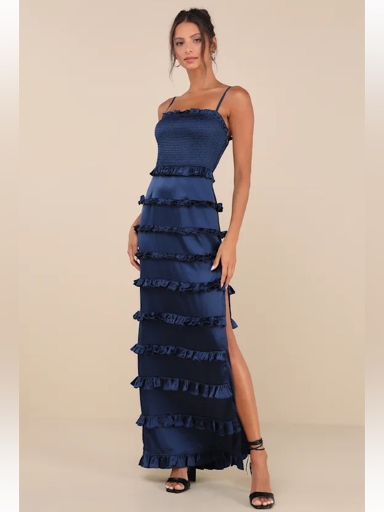 Lulus Dresses & Skirts - NWT Lulus Sincerely Fabulous Navy Blue Satin Smocked Ruffled Maxi Dress